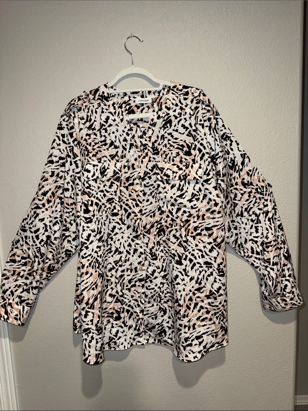 Calvin Klein Pink Black Abstract Animal Print Button-up Blouse Top Career Wear